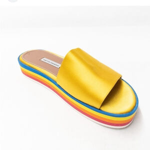 Tabitha Simmons Yellow Satin Rainbow Summer Platform Slip On Sandal Size 37.5